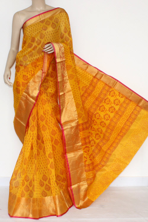Yellow Banarasi Kora Cot-Silk Printed Handloom Saree (With Blouse) 16101