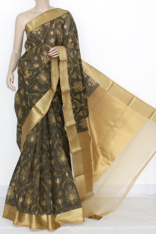 Black Grey Banarasi Kora Cot-Silk Printed Handloom Saree (With Blouse) Golden Zari 16111