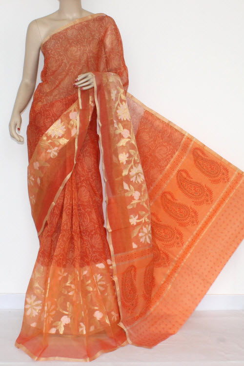 Rust Banarasi Kora Cot-Silk Printed Handloom Saree (With Blouse) 16117