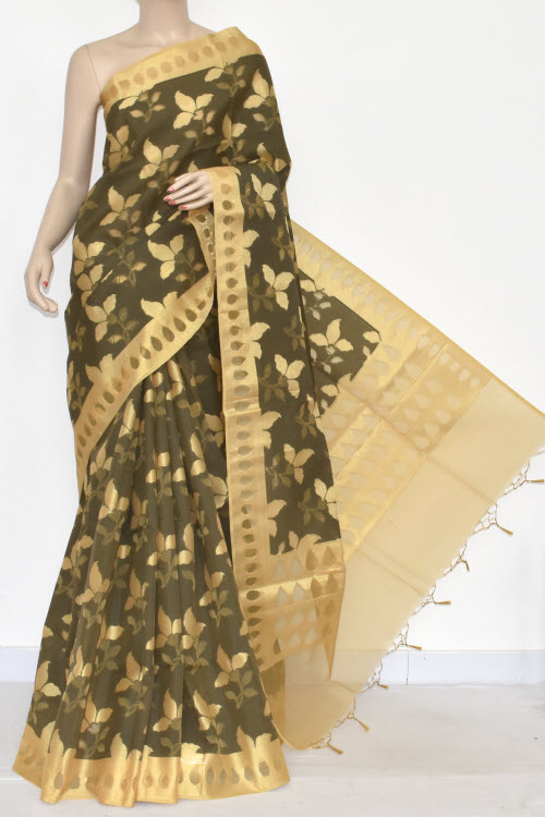 Dark Grey Allover Golden Booti Banarasi Kora Cot-Silk Handloom Saree (With Blouse) Zari Border 16128