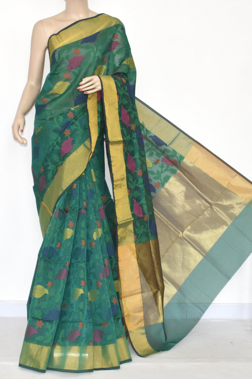 Green Banarasi Kora Cot-Silk Handloom Saree (With Blouse) Zari Border 16131
