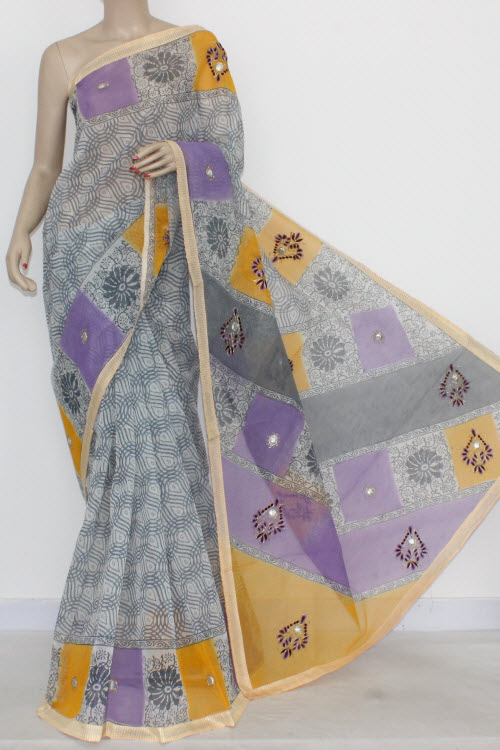 Grey Yellow Designer Supernet Embroidered Saree (With Blouse) 16156