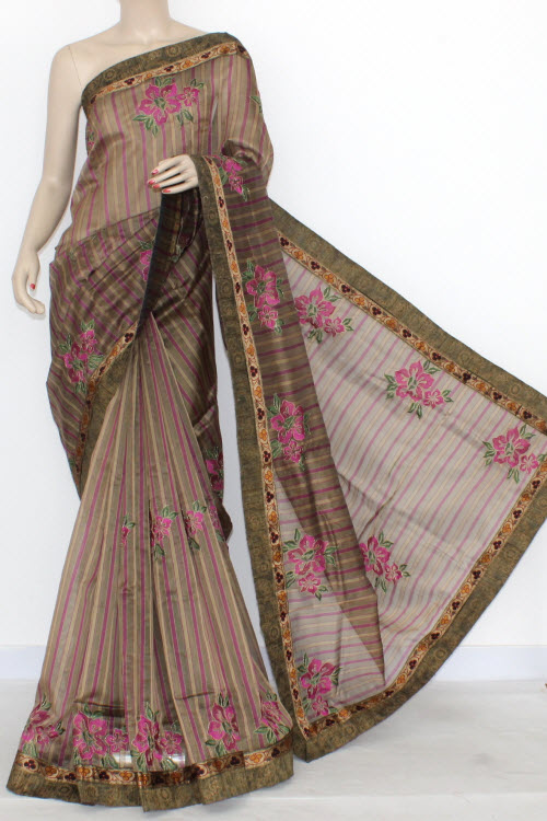 Magenta Fawn Designer Supernet Embroidered Saree (With Blouse) Floral Border 16159