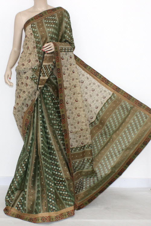 Green Fawn Designer Supernet Embroidered Saree (With Blouse) Half-Half 16160