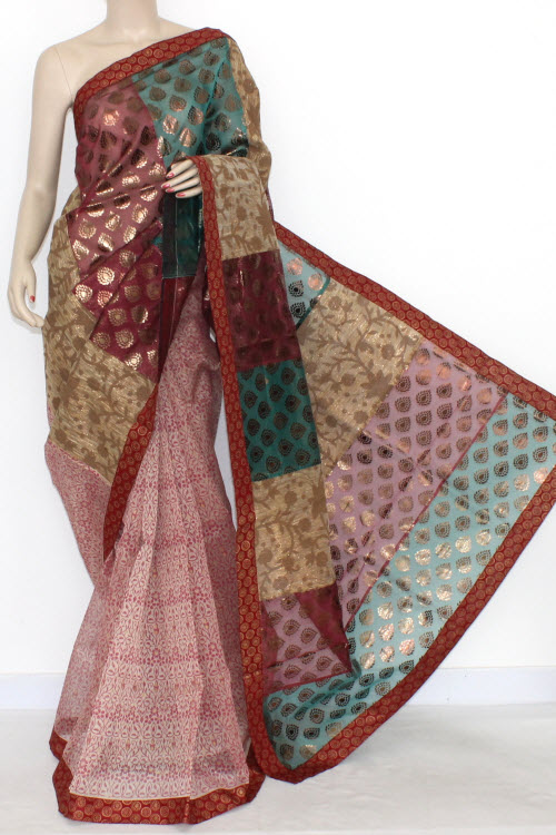 Red White Designer Supernet Embroidered Saree (With Blouse) Half-Half 16161