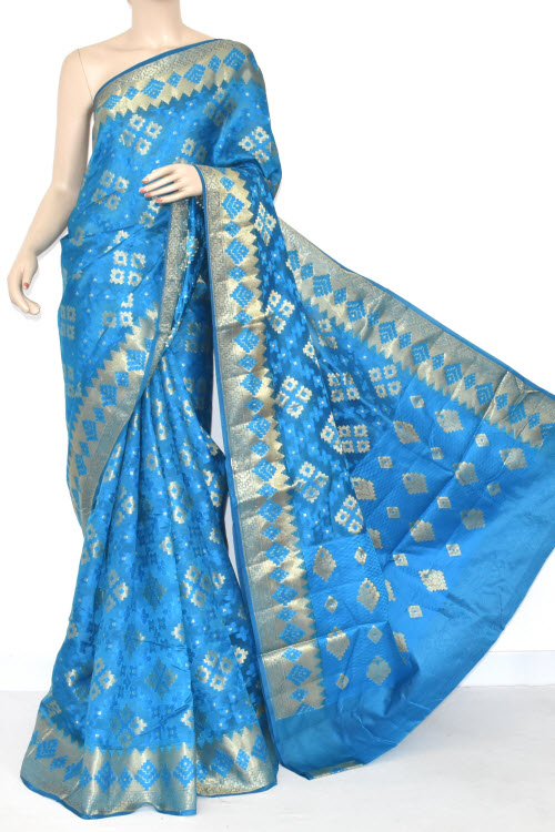 Pherozi Blue Handloom Banarasi Kora Saree (with Blouse) Allover Zari Weaving 16178