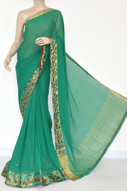 Green Handloom Semi-Chiffon Saree (with Blouse) Embroidery on Zari Border 16180