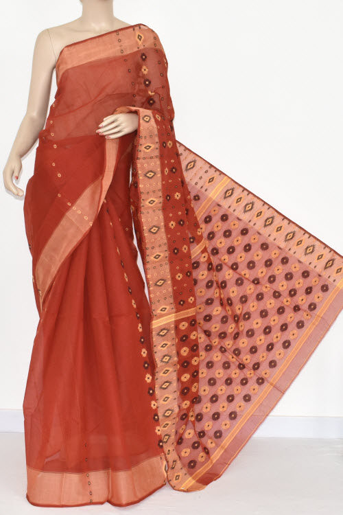 Rust Handwoven Bengali Tant Cotton Saree (Without Blouse) 16999