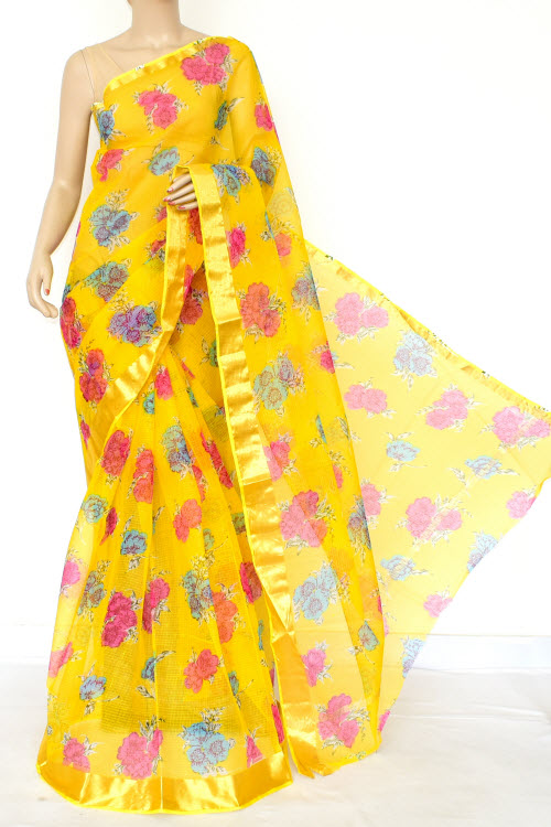 Yellow JP Kota Doria Floral Printed Cotton Saree (without Blouse) Zari Border 13529