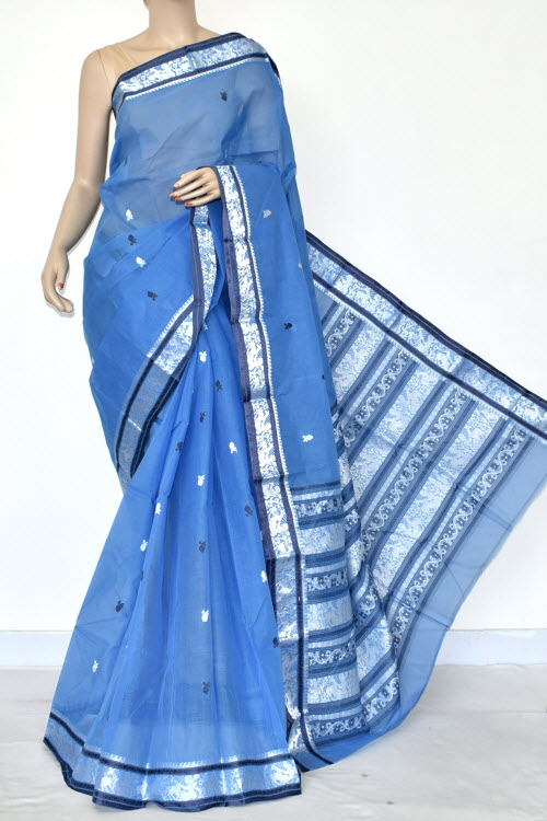 Sky Blue Handwoven Bengal Tant Cotton Saree (Without Blouse) Baluchuri Border And Pallu 17083