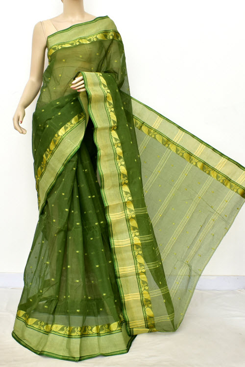 Leaf Green Handwoven Bengali Tant Cotton Saree (Without Blouse) Allover Booti 17187