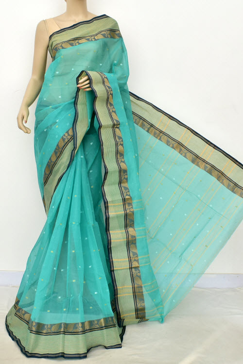 Sea Green Navy Blue Handwoven Bengali Tant Cotton Saree (Without Blouse) Allover Booti 17191