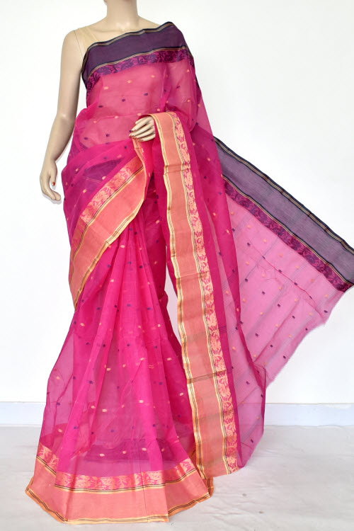 Dark Pink Handwoven Bengal Tant Cotton Saree (Without Blouse) Ganga Yamuna Border 17200