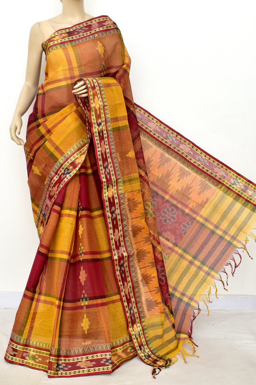 Turmeric Yellow Maroon Handloom Bengal Tant Cotton Saree (Without Blouse) Kotki Border 17256