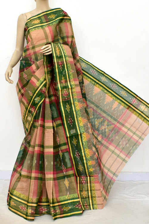 Mehendi Green Fawn Handloom Bengal Tant Cotton Saree (Without Blouse) Kotki Border 17262
