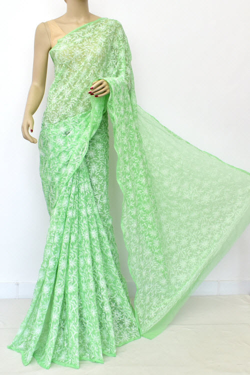 Pista Green Hand Embroidered Allover Tepchi Work Lucknowi Chikankari Saree With Blouse (Faux Georgette) 15189
