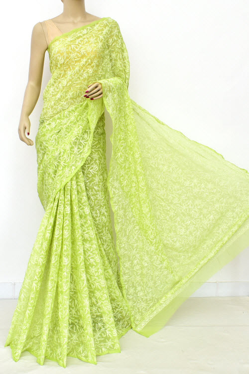 Pista Green Hand Embroidered Allover Tepchi Work Lucknowi Chikankari Saree With Blouse (Faux Georgette) 15188