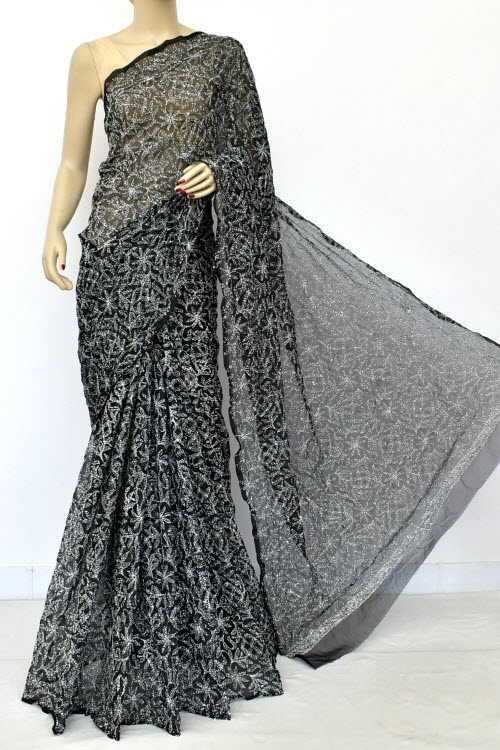 Black Hand Embroidered Allover Tepchi Work Lucknowi Chikankari Saree With Blouse (Faux Georgette) 15187