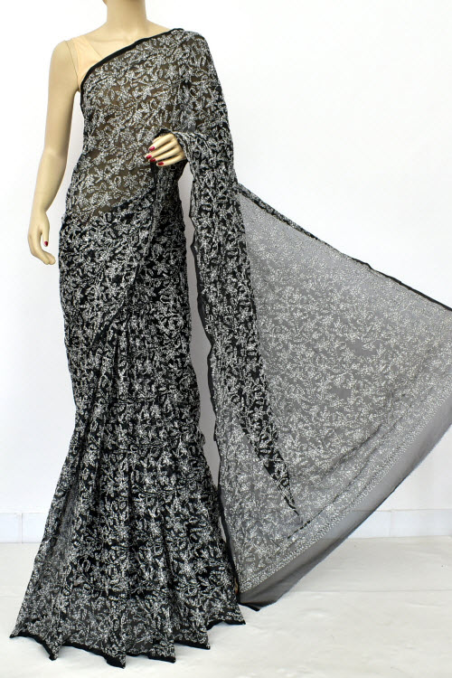 Black Hand Embroidered Allover Tepchi Work Lucknowi Chikankari Saree With Blouse (Faux Georgette) 15186