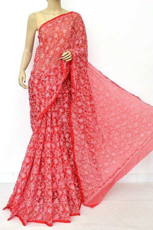 Red Hand Embroidered Allover Tepchi Work Lucknowi Chikankari Saree With Blouse (Faux Georgette) 15185
