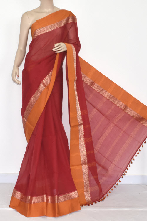Red - Mustared Handwoven Bengali Tant Soft Cotton Saree (Without Blouse) 17068
