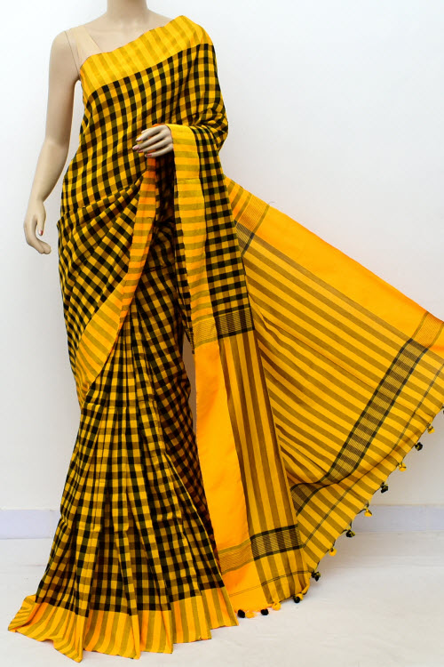 Yellow Black Handloom Soft Cotton Saree (With Blouse) 17644
