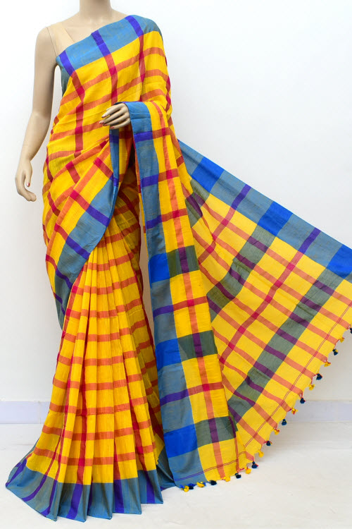 Yellow Red Handloom Soft Cotton Saree (With Blouse) Blue Border 17655