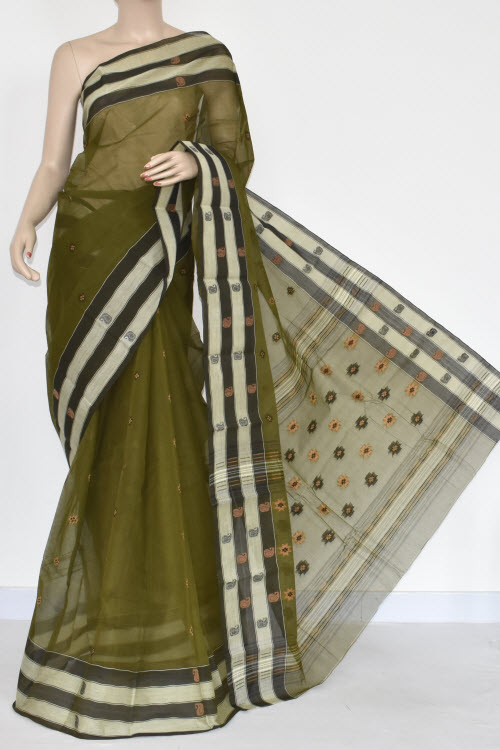 Menhdi Green Handwoven Bengal Tant Cotton Saree (Without Blouse) 17151