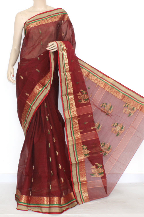 Maroon Designer Handwoven Bengali Tant Cotton Saree (Without Blouse) Zari Border 17293
