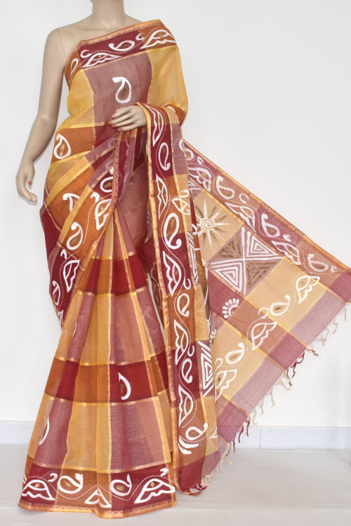 Red Yellow Handwoven Bengali Tant Cotton Saree (Without Blouse) 17331