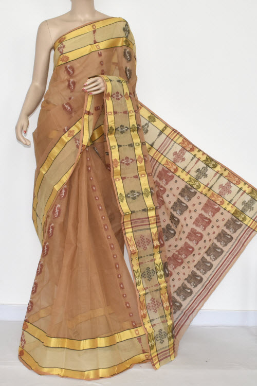 Fawn Handwoven Bengali Tant Cotton Saree (Without Blouse) 17332
