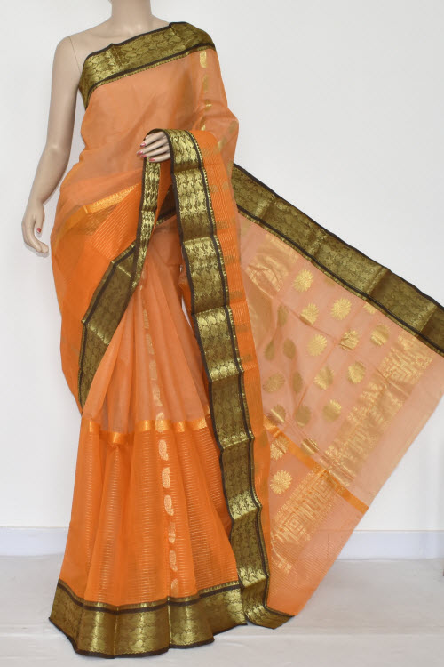 Light Orange Handwoven Bengal Tant Cotton Saree Zari Border & Pallu (Without Blouse) Half-Half 17341