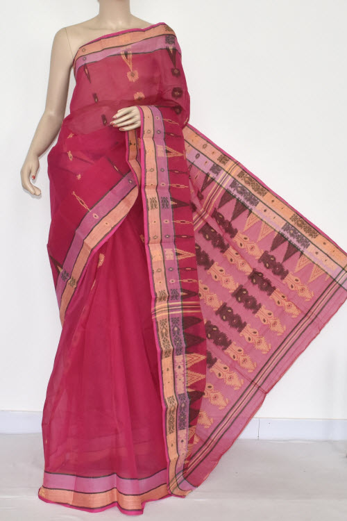 Rani Pink Handwoven Bengali Tant Cotton Saree (Without Blouse) 17354