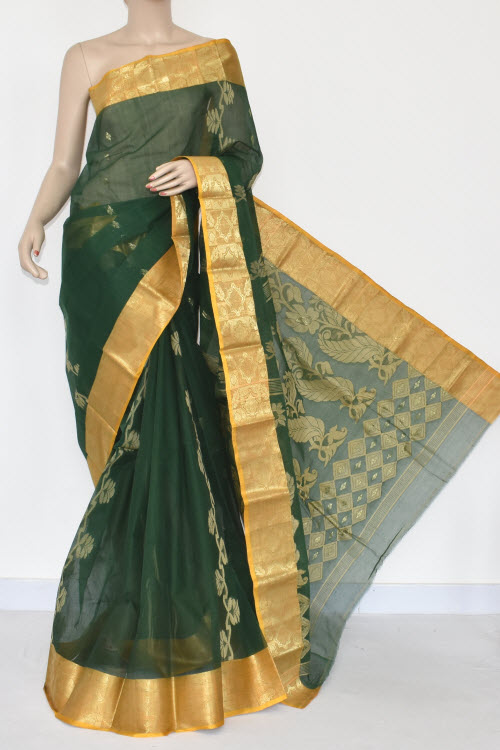 Green Handwoven Bengal Tant Cotton Saree (Without Blouse) Yellow Zari Border 17361