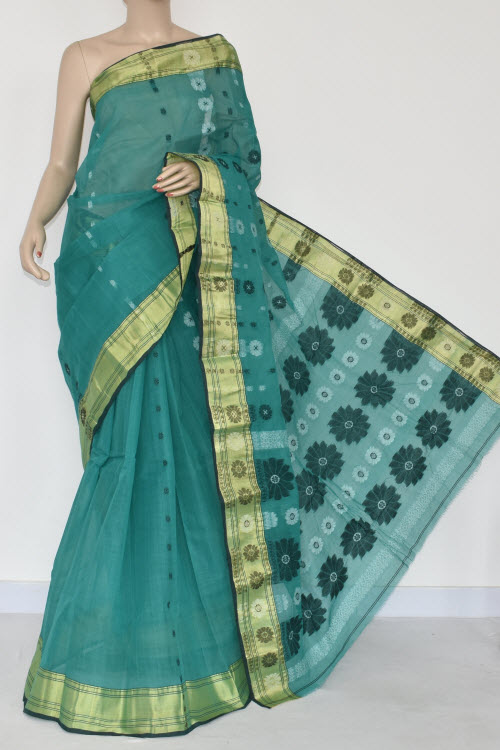 Deep Sea Green Handwoven Bengal Tant Cotton Saree (Without Blouse) 17365