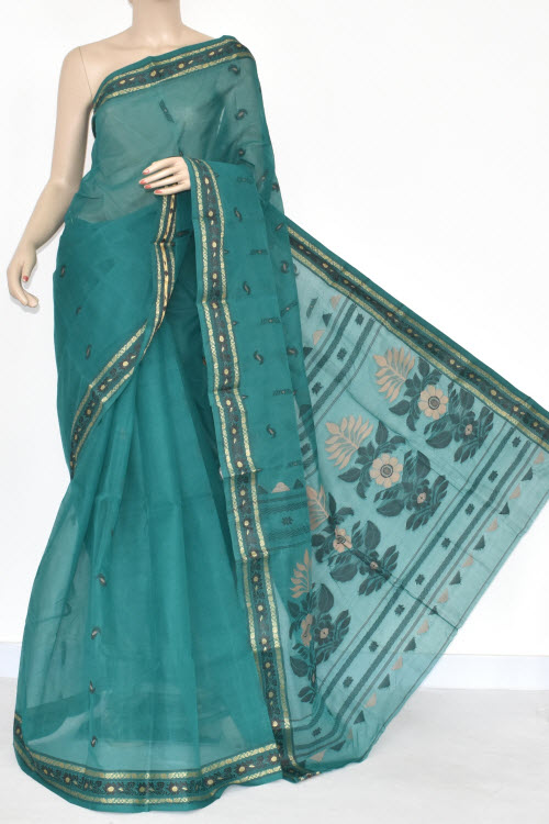 Sea Green Handwoven Bengal Tant Cotton Saree (Without Blouse) 17375