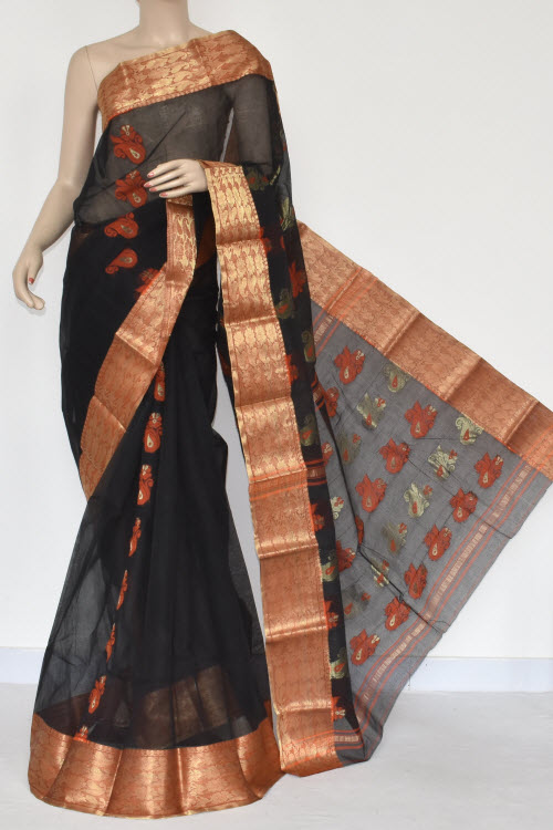 Black Handwoven Bengal Tant Cotton Saree (Without Blouse) 17383