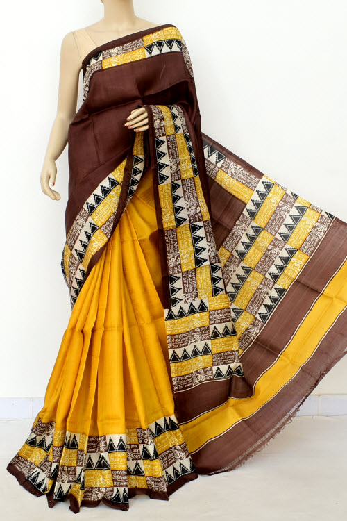 Chocolate Yellow Half-Half Printed Handloom Double Knitted Pure Silk Saree (With Blouse) 16327