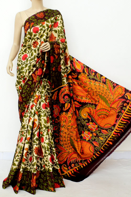 Cream Kalamkari Print Handloom Double Knitted Pure Silk Saree (With Blouse) 16345