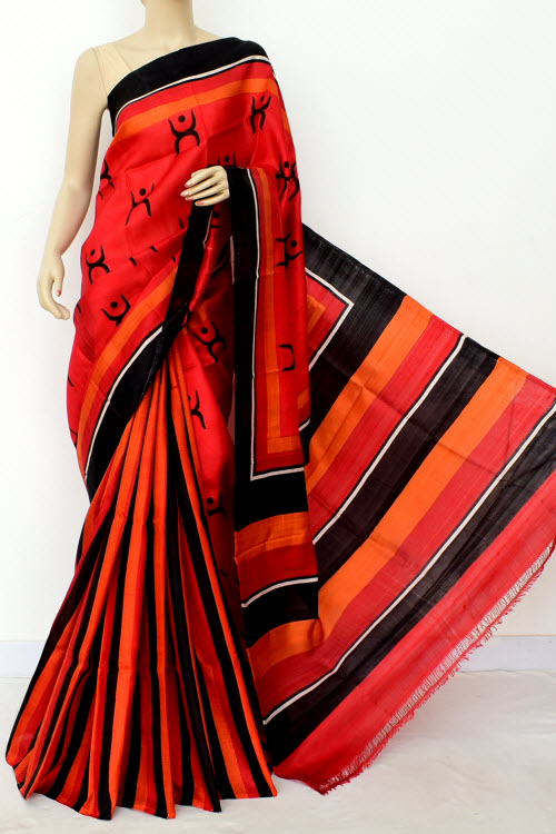 Red Black Patli Pallu Printed Handloom Double Knitted Pure Silk Saree (With Blouse) 16347