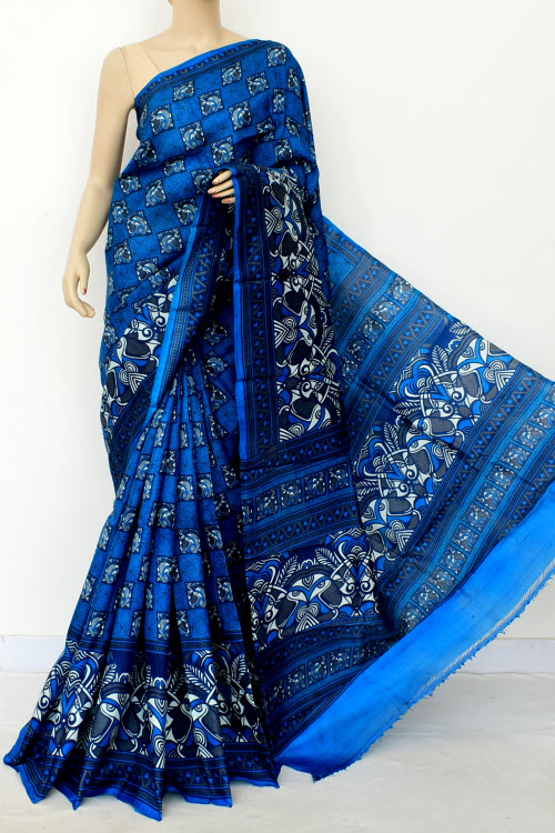 Blue Printed Handloom Double Knitted Pure Silk Saree (With Blouse) 16357