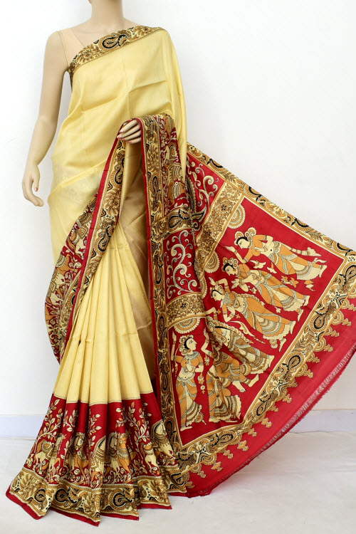 Cream Kalamkari Print Handloom Double Knitted Pure Silk Saree (With Blouse) 16359