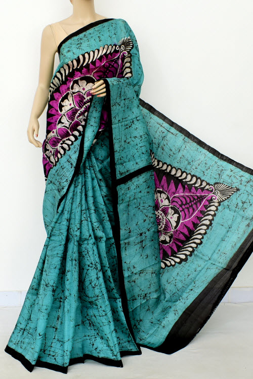 Sea Green Handloom Double Knitted Batik Print Pure Silk Saree (With Blouse) 16372