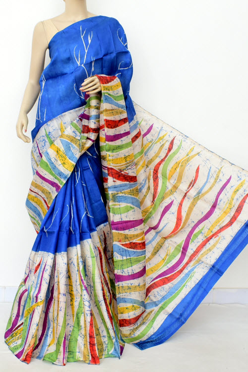 Blue Handloom Double Knitted Batik Print Pure Silk Saree (With Blouse) 16375
