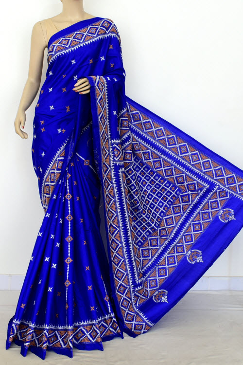 Royal Blue Hand-Embroidered With Gujarati Stitch Dupion Silk Saree (With Blouse) 16378