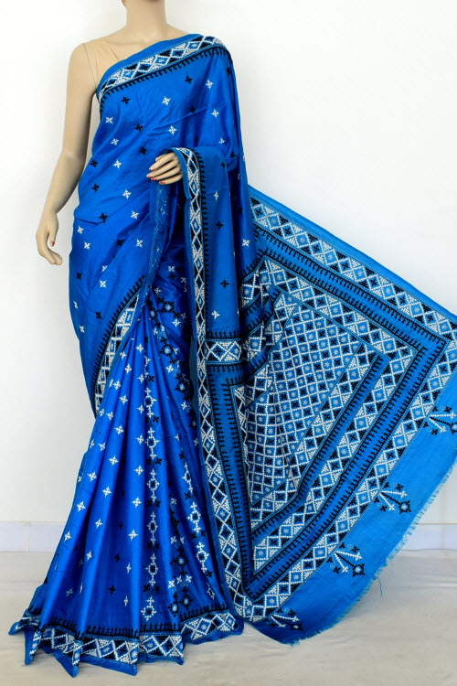 Pherozi Blue Hand-Embroidered With Gujarati Stitch Dupion Silk Saree (With Blouse) 16379