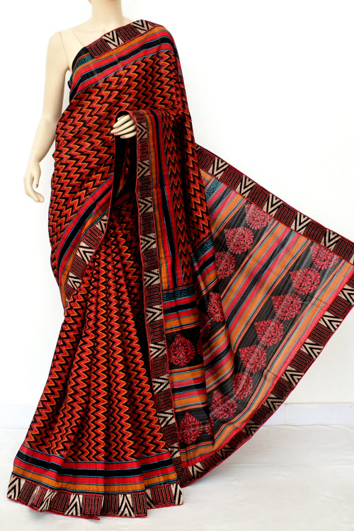 Red Black Exclusive Pure Dupion Silk Saree (With Blouse) 16437