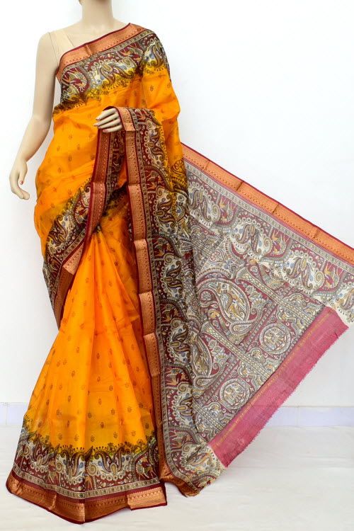 Deep Yellow Printed Handloom Single Knitted Pure Silk Saree (Without Blouse) 16434