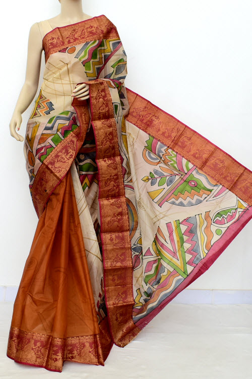 Rust Hand-Printed Handloom Double Knitted Pure Silk Saree (Without Blouse) 16432
