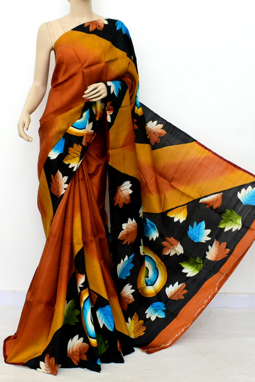 Rust Printed Handloom Double Knitted Pure Silk Saree (With Blouse) 16430